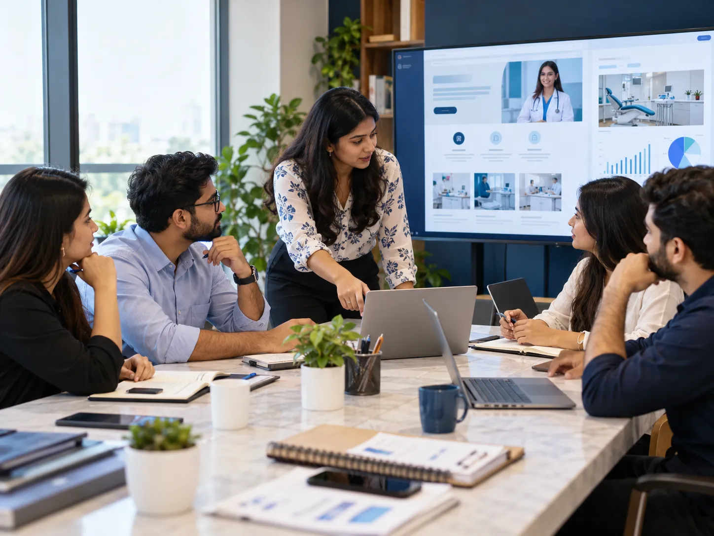 Indian healthcare marketing team collaborating on digital strategy in a modern office