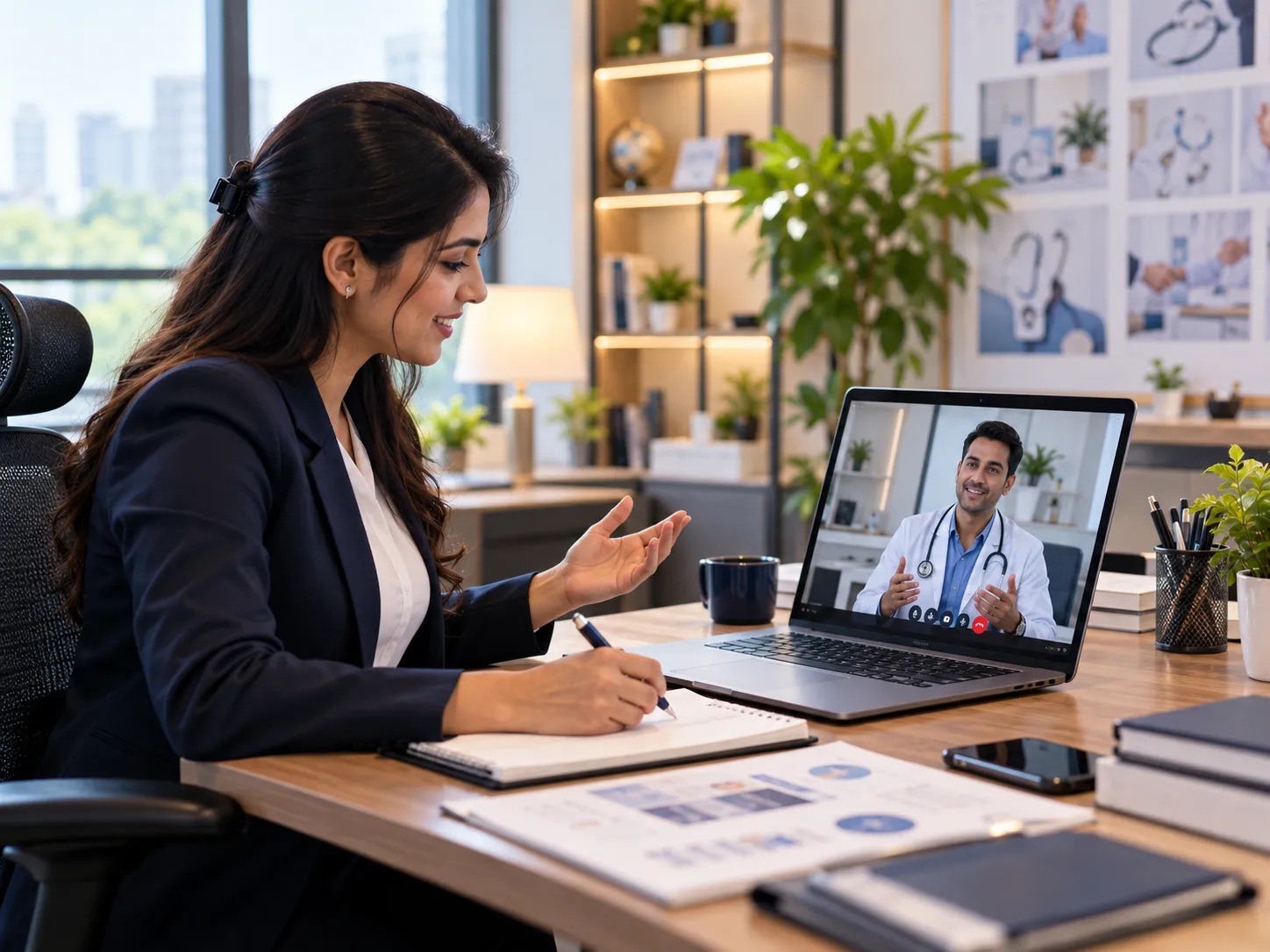 Healthcare marketing consultant speaking with a client during a strategy call