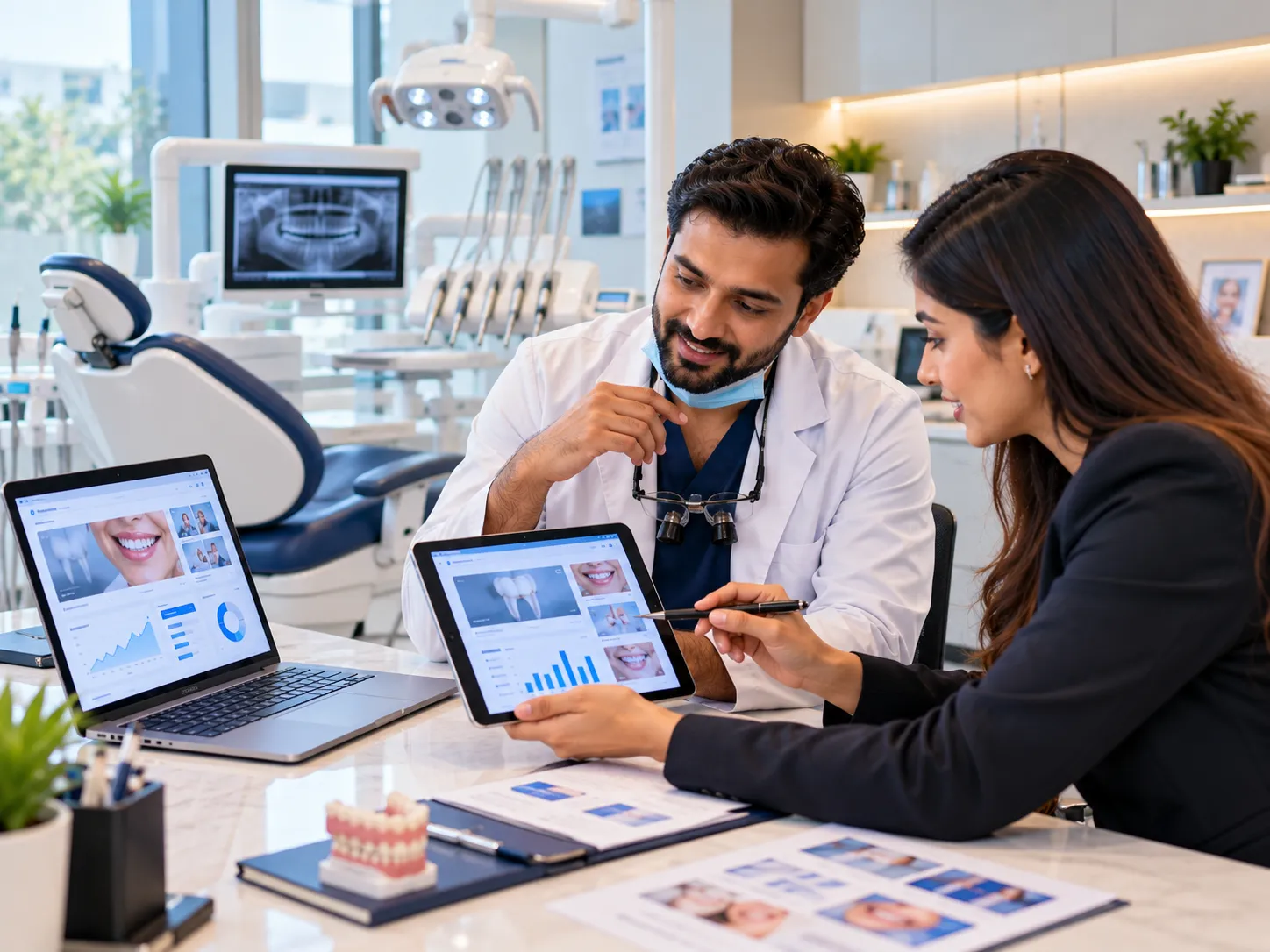 Indian dentist reviewing dental clinic website and digital marketing analytics with a consultant in a modern dental clinic
