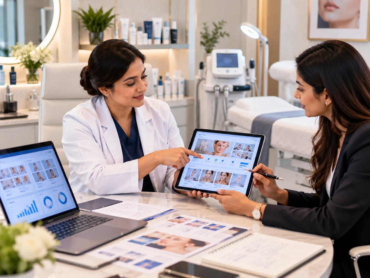 Indian dermatologist reviewing clinic website content and digital visibility strategy with a healthcare marketing consultant
