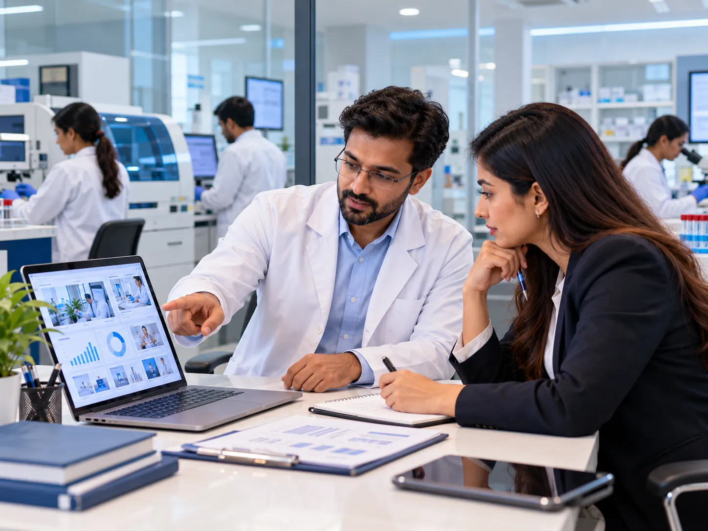Diagnostic laboratory professional reviewing digital marketing strategy