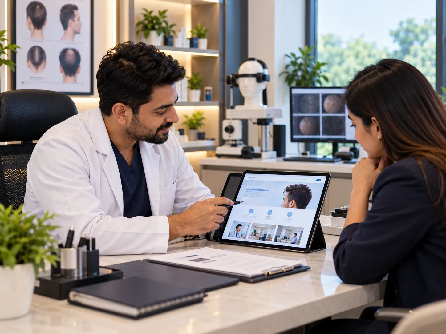 Indian hair restoration specialist reviewing a clinic website and digital marketing plan with a consultant