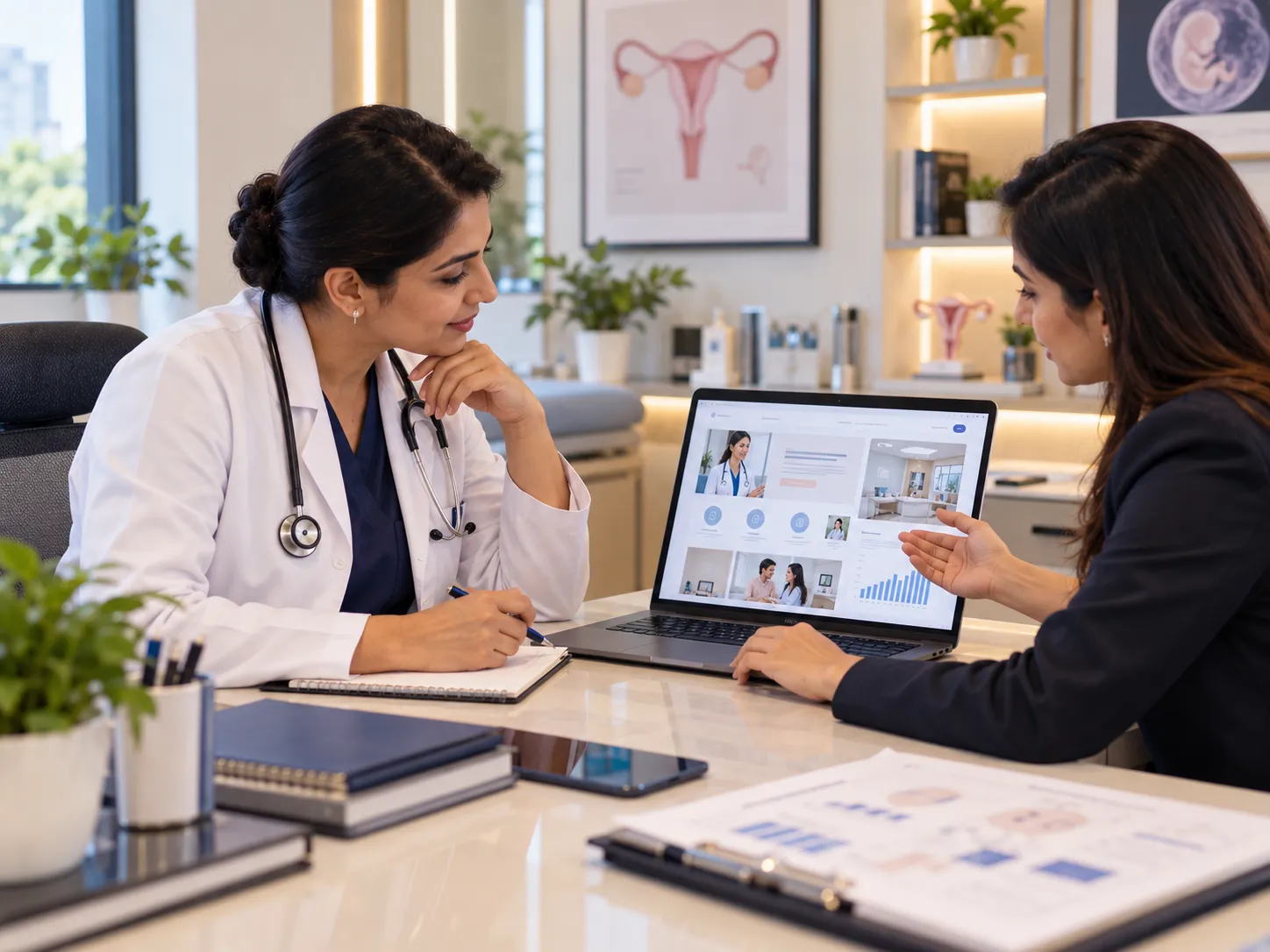 Indian fertility specialist and healthcare marketing consultant reviewing an IVF centre website and digital strategy