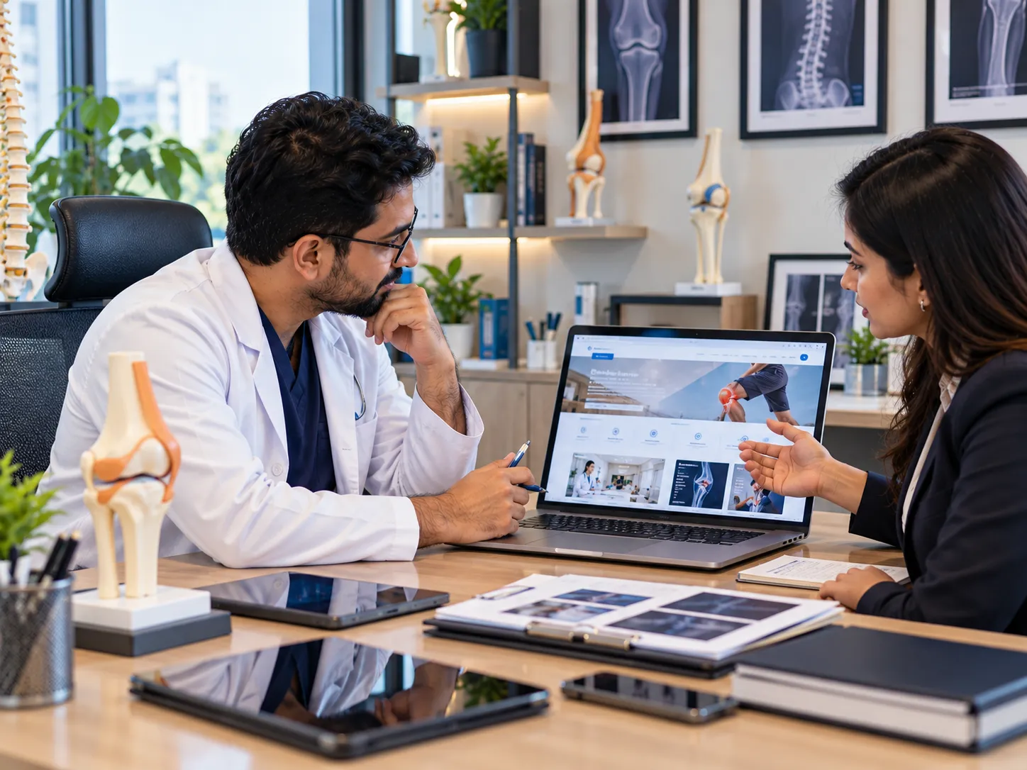 Indian orthopaedic doctor reviewing an orthopaedic clinic website and digital growth plan with a marketing consultant