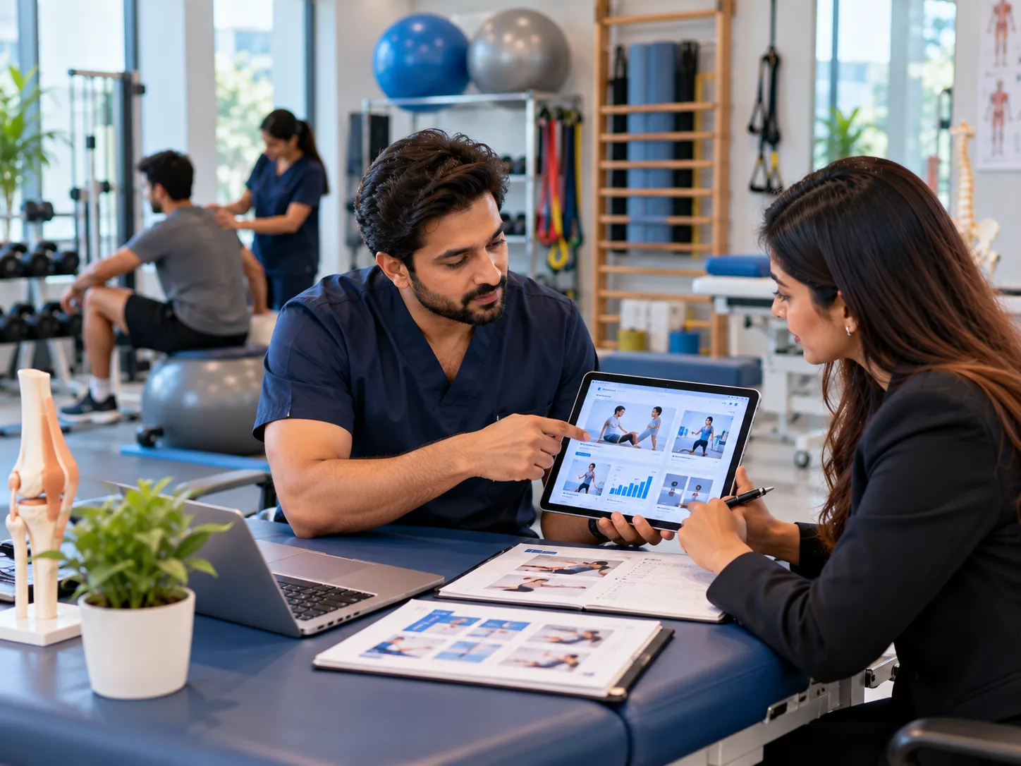 Indian physiotherapist reviewing physiotherapy clinic digital content and campaign performance with a marketing consultant
